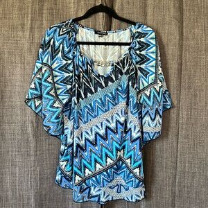 Notations blue Chevron Aztec boho print blouse with wide sleeves and chain neck